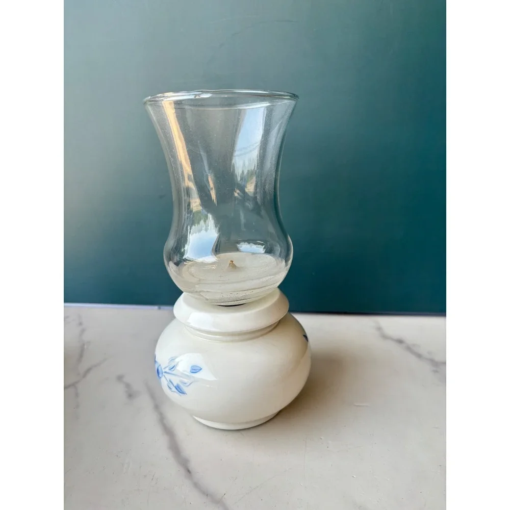 Vintage Hurricane Candle Holder Blue Floral Ceramic Hand Painted USA